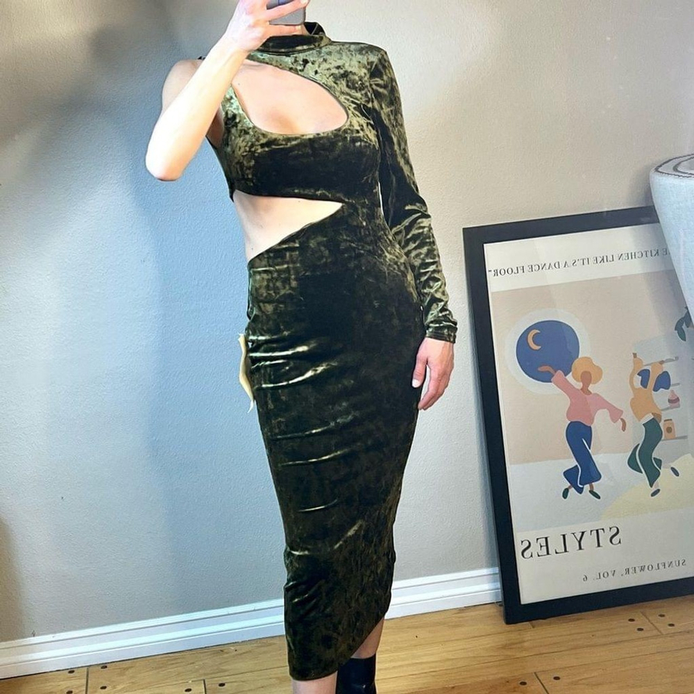 Camila Coelho Crushed Velvet Dress Arabella Olive Green PRODUCTION SAMPLE Size S